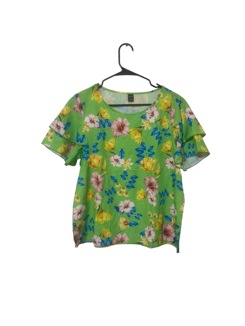 SHEIN Green Floral Short Sleeve Ruffle Tee